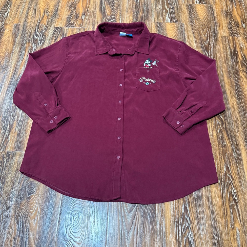 Disney Mickey Mouse Embroidered Button Down Shirt Burgundy Women 2X Long Sleeve